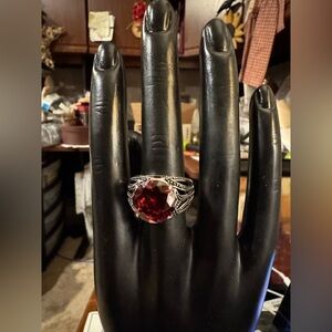 Premier Designs Red Rhinestone Statement Ring Silver Tone Sz 7